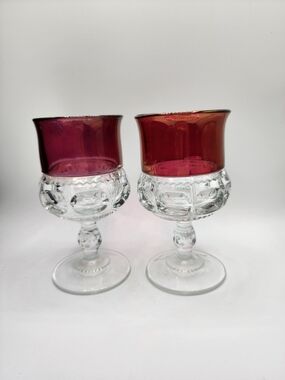 Vintage Kings Crown Pair Ruby Red Top Clear Stem Goblets